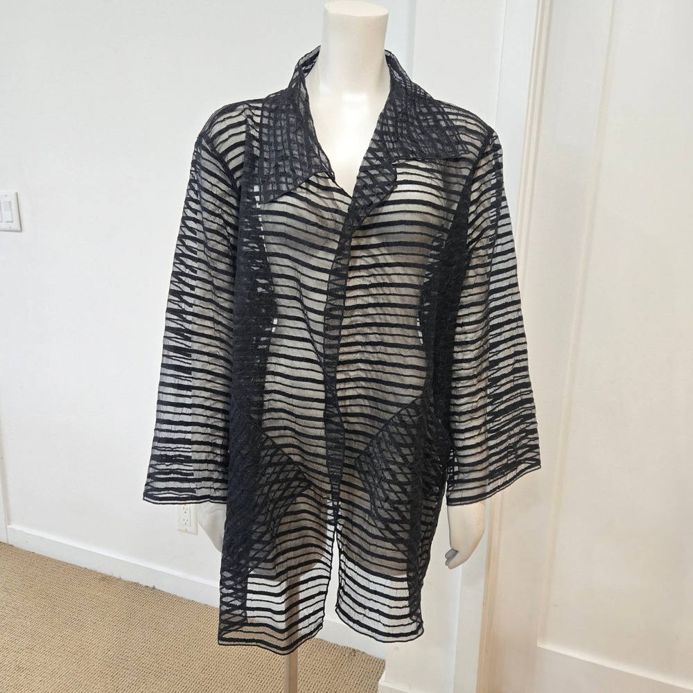 Caroline Rose 1X Plus Size Sheer Striped Jacket Textured Open Front Topper Artsy